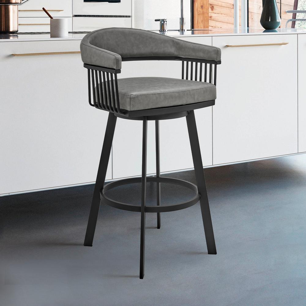 Chelsea 30" Bar Height Swivel Bar Stool in Black Finish and Gray Faux Leather. Picture 9