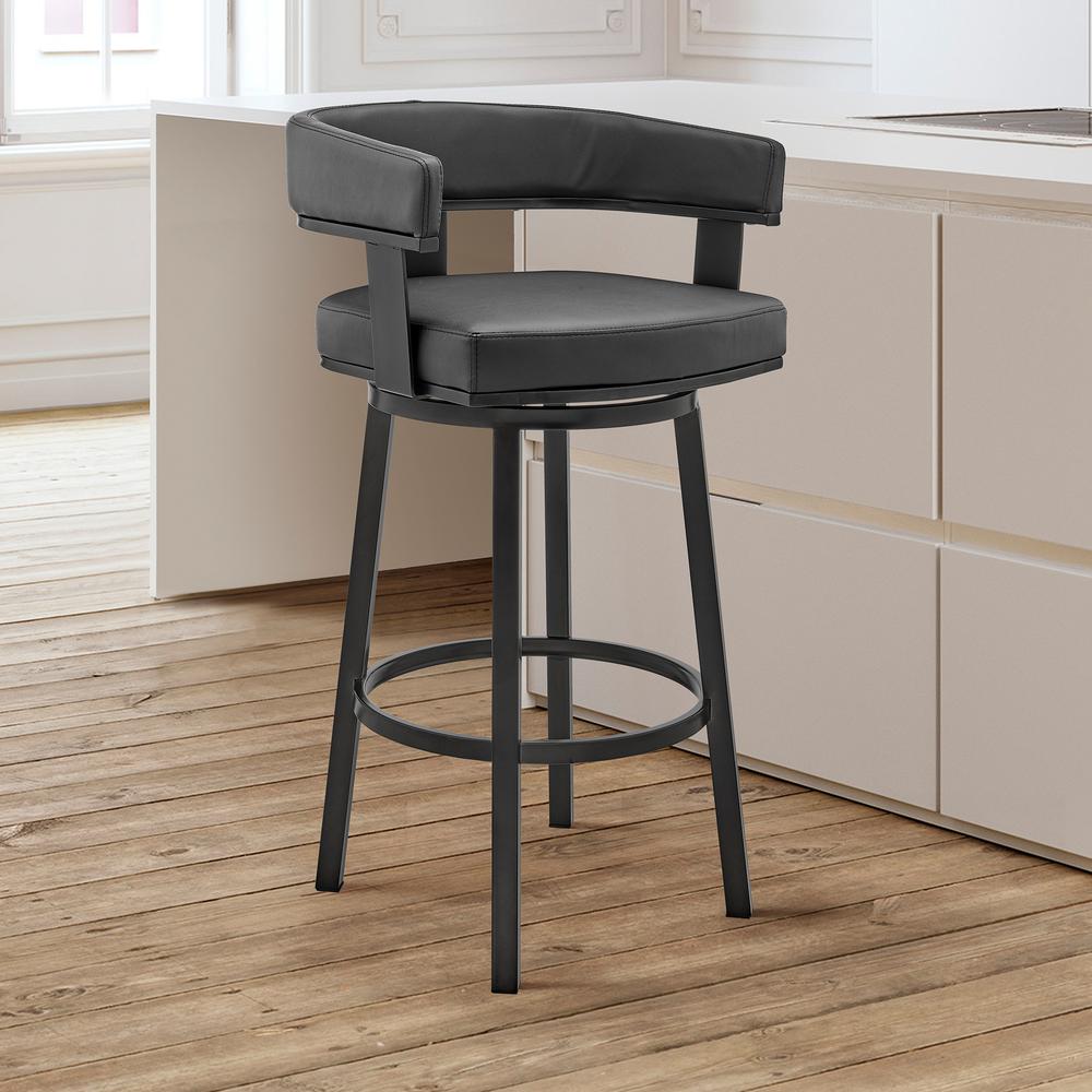 Lorin 30" Bar Height Swivel Bar Stool in Black Finish and Black Faux Leather. Picture 9