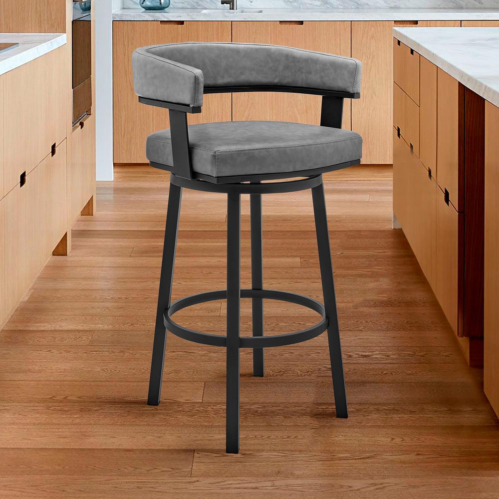 Lorin 26" Counter Height Swivel Bar Stool in Black Finish and Gray Faux Leather. Picture 9