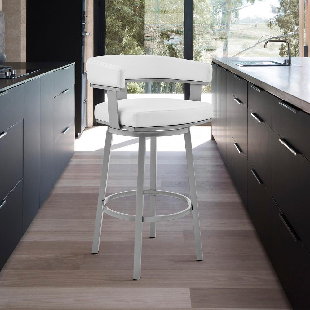 Cohen 30" Bar Height Swivel Bar Stool in Silver Finish with White Faux Leather. Picture 8
