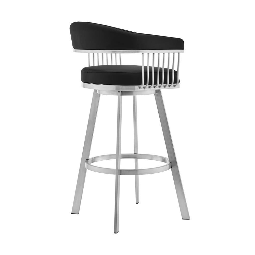Bronson 25" Black Faux Leather and Brushed Stainless Steel Swivel Bar Stool. Picture 2