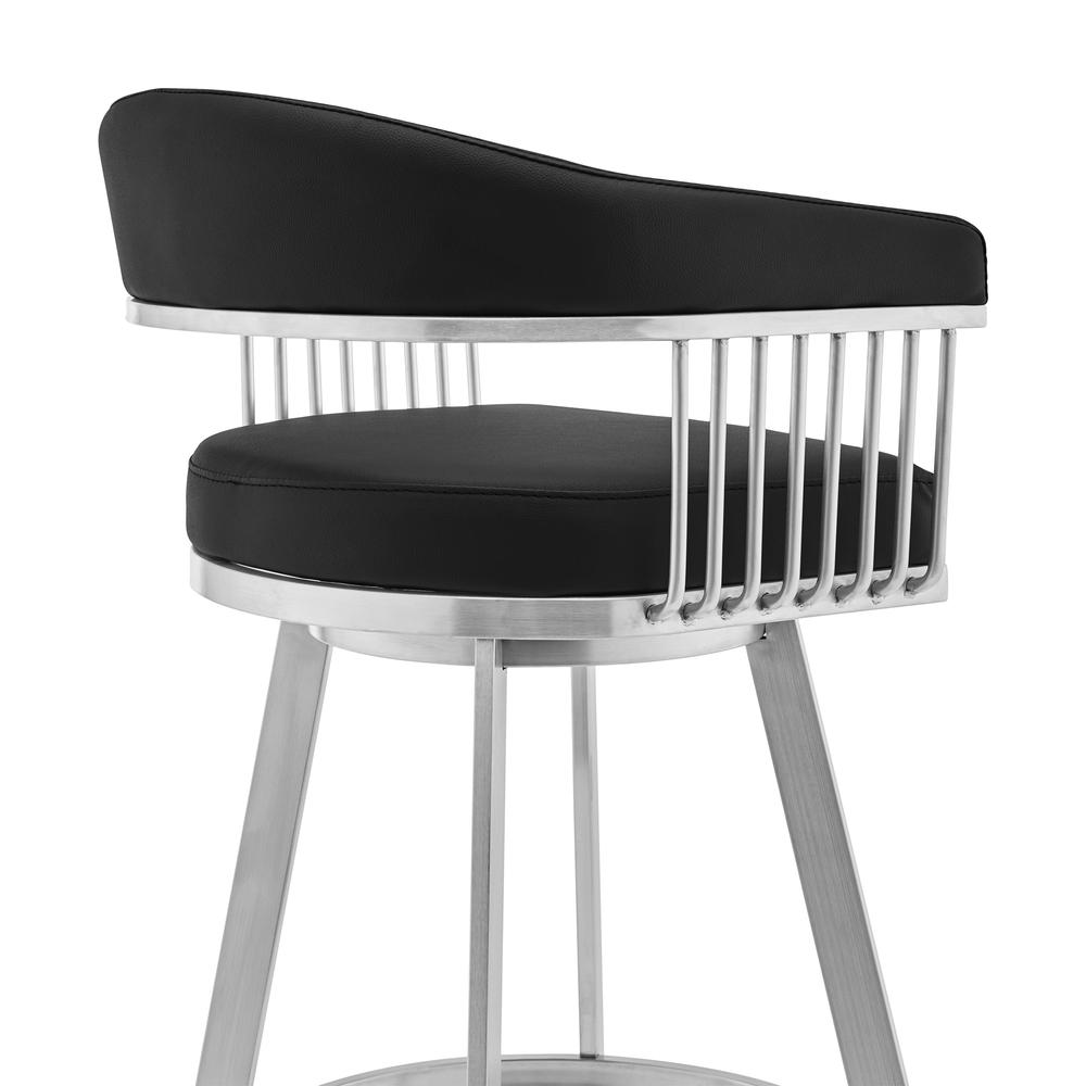 Bronson 25" Black Faux Leather and Brushed Stainless Steel Swivel Bar Stool. Picture 4