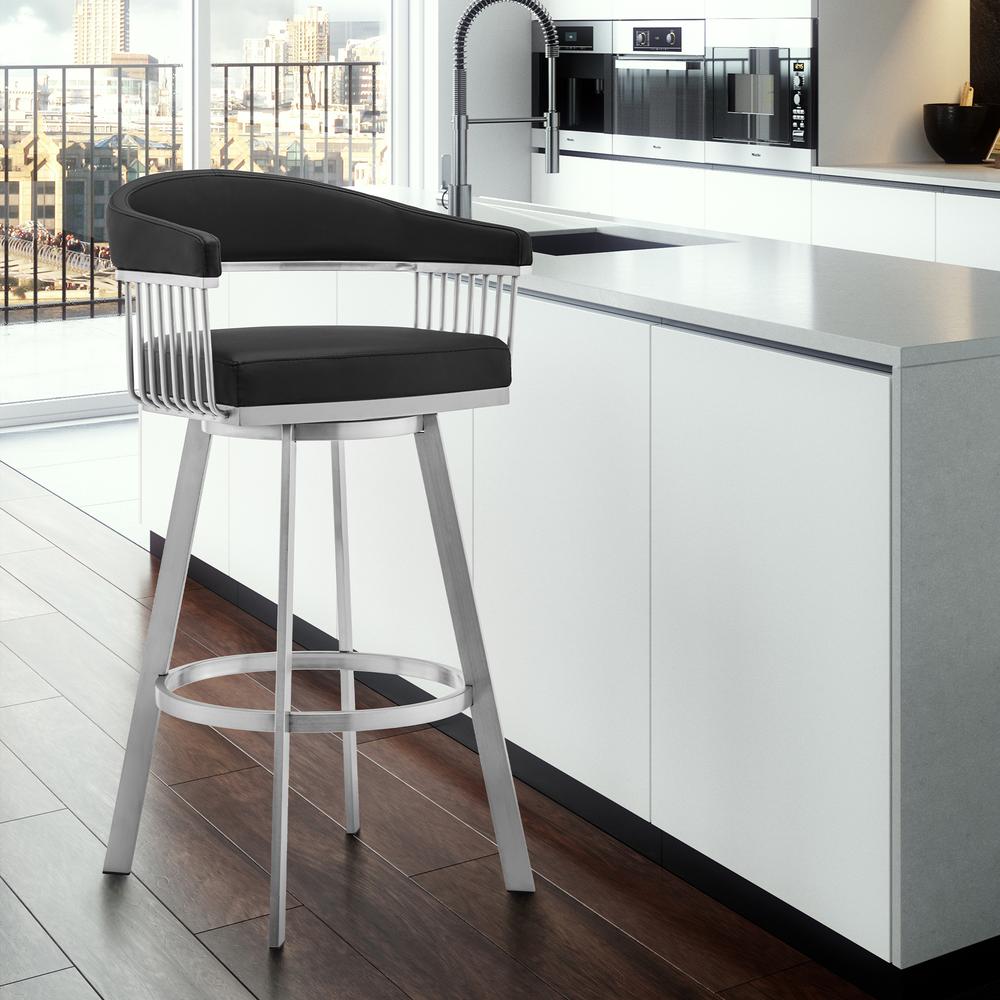 Bronson 29" Black Faux Leather and Brushed Stainless Steel Swivel Bar Stool. Picture 6
