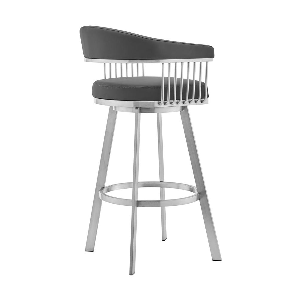 Bronson 25" Gray Faux Leather and Brushed Stainless Steel Swivel Bar Stool. Picture 2