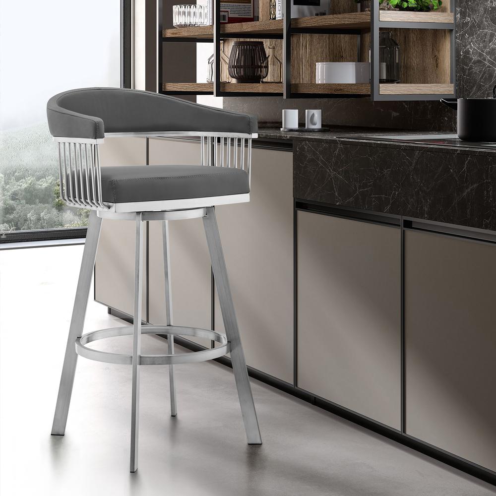 Chelsea 26" Gray Faux Leather and Brushed Stainless Steel Swivel Bar Stool. Picture 7
