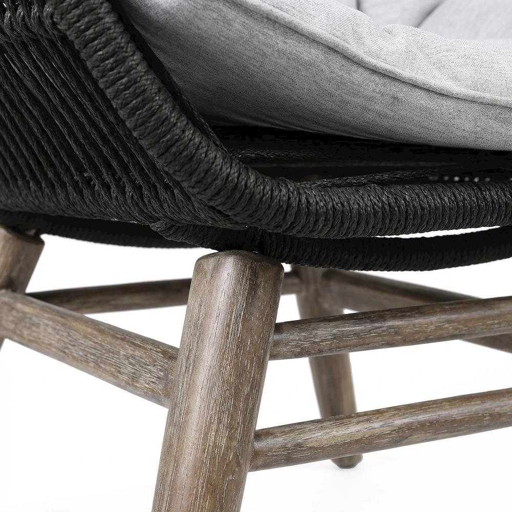 Light Eucalyptus Wood Outdoor Lounge Chair With Truffle Rope And Gray Cushion. Picture 6