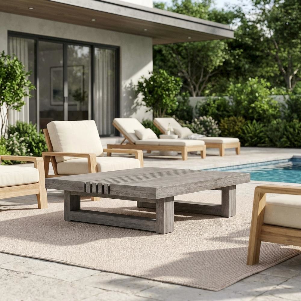 Gray Eucalyptus Outdoor Coffee Table With Modern Design, Solid Wood Construction. Picture 3