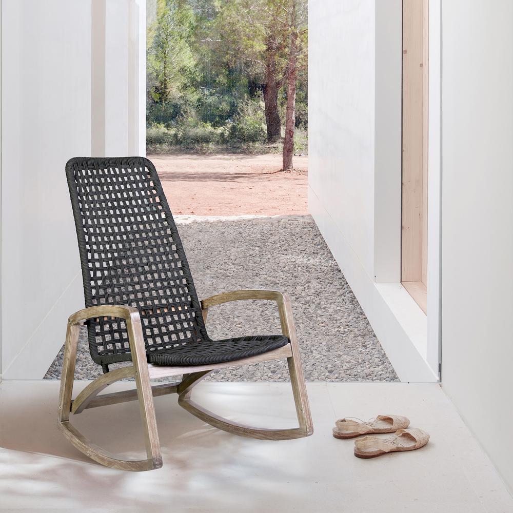 Sequoia Outdoor Patio Rocking Chair in Light Eucalyptus Wood and Charoal Rope. Picture 10