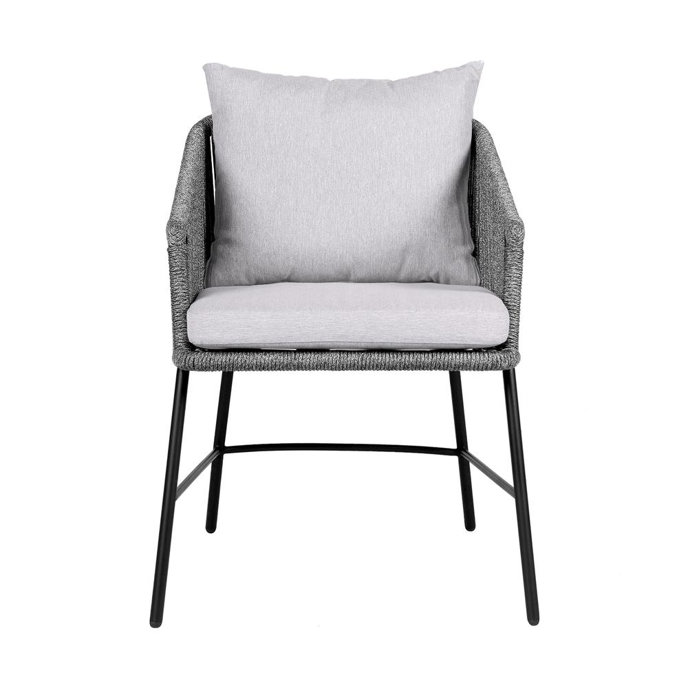 Calica Outdoor Patio Dining Chair in Black Metal and Grey Rope. Picture 1