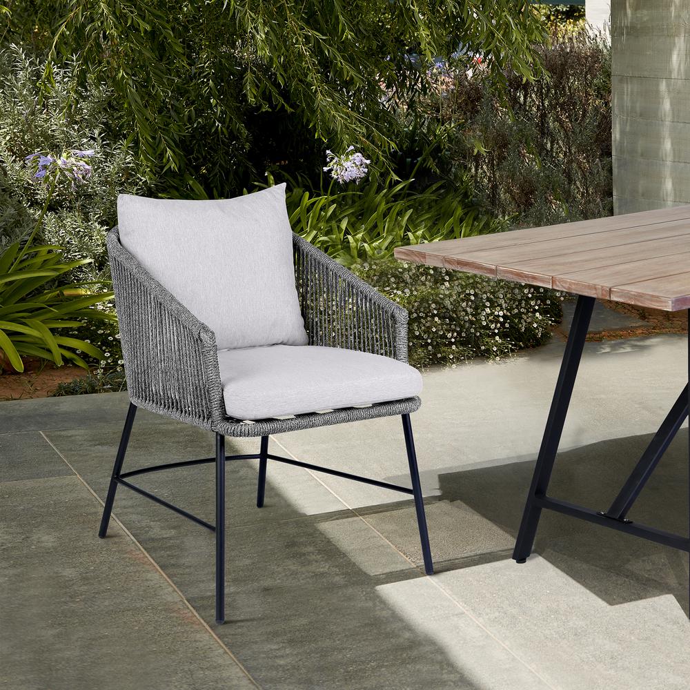 Calica Outdoor Patio Dining Chair in Black Metal and Grey Rope. Picture 12