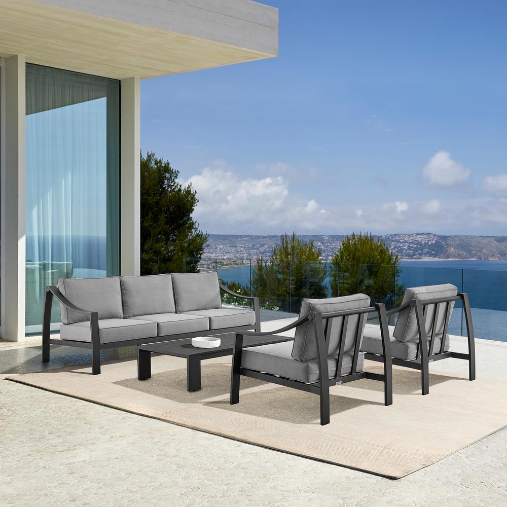 Mongo 4 Piece Outdoor Patio Furniture Set in Black Aluminum with Grey Cushions. Picture 12