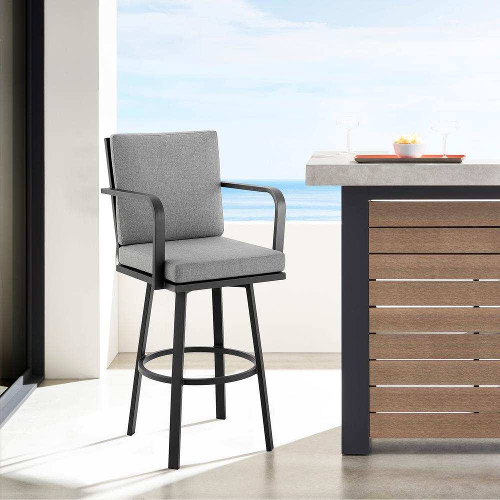 Don 30" Outdoor Patio Bar Stool in Black Aluminum with Grey Cushions. Picture 10