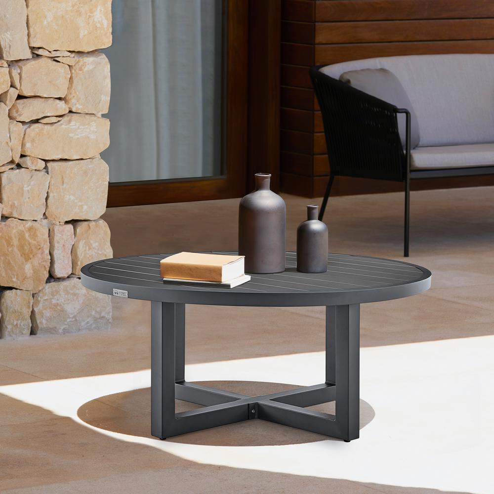Argiope Outdoor Patio Round Coffee Table in Grey Aluminum. Picture 6