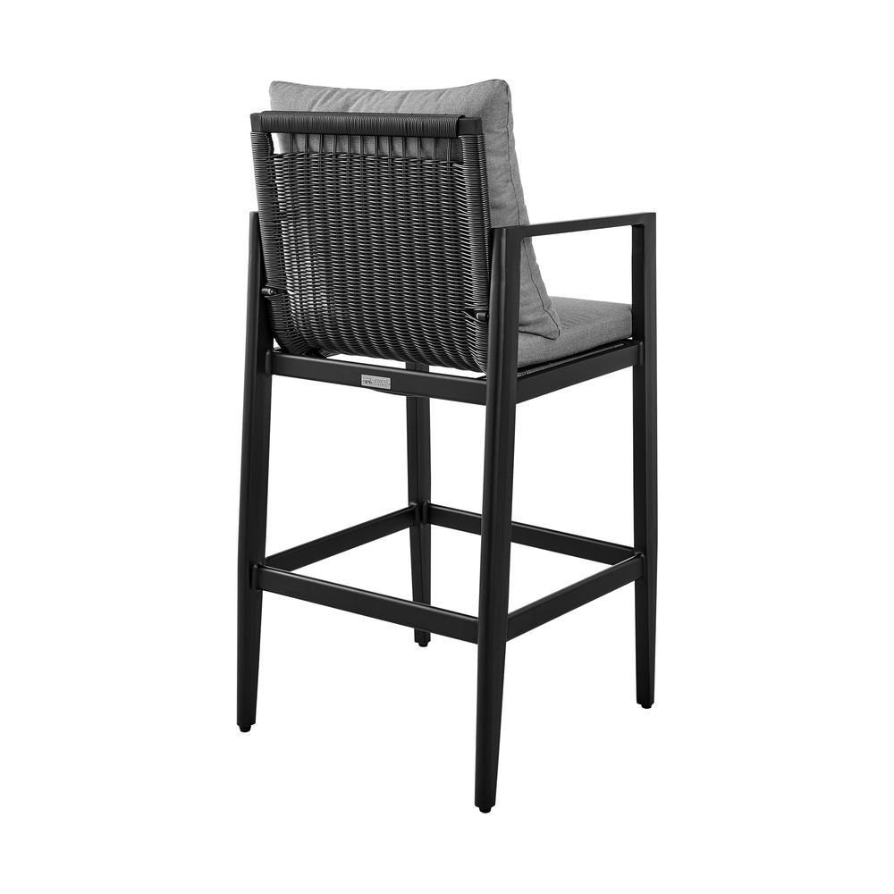 Grand Outdoor Patio Bar Stool in Aluminum with Grey Cushions. Picture 3