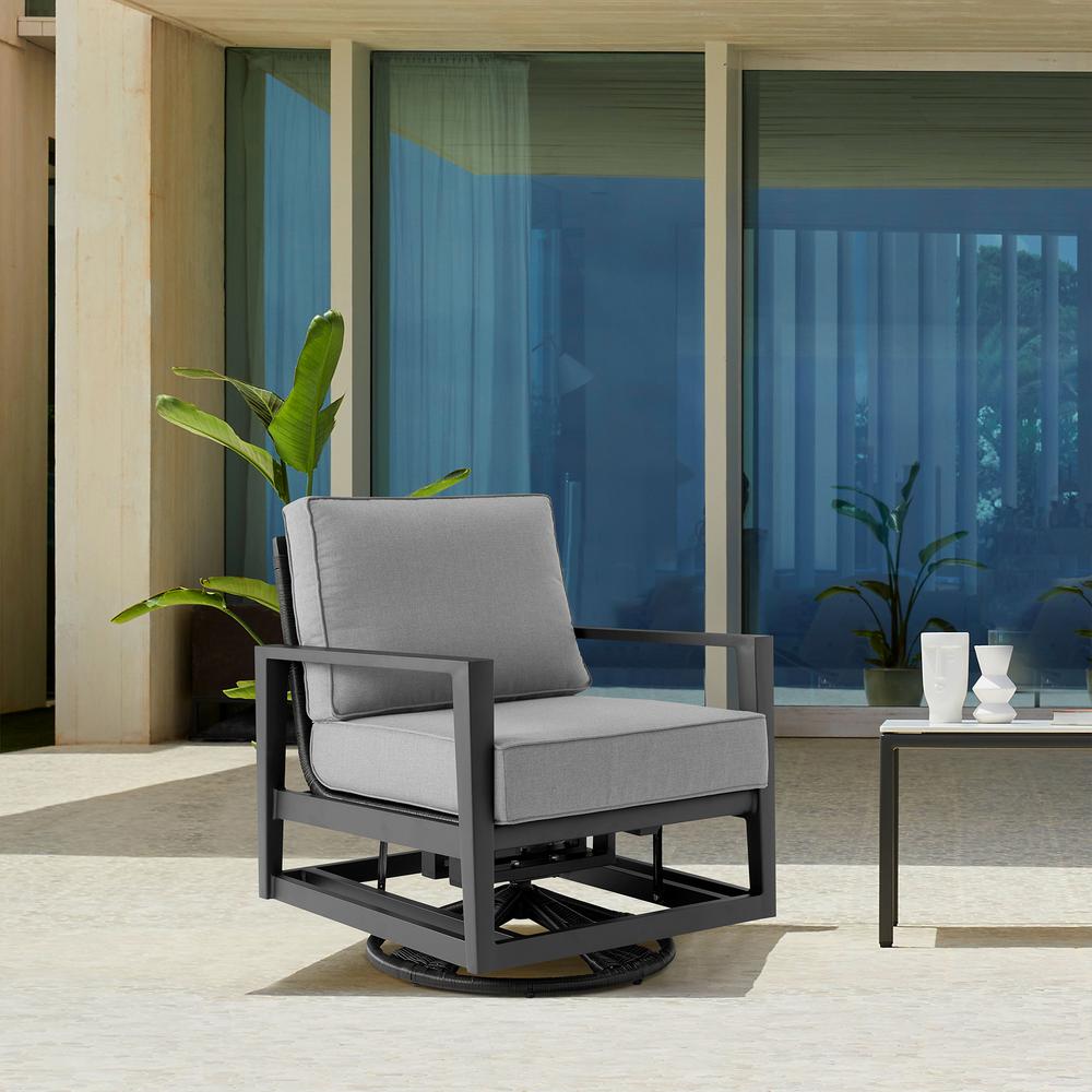 Grand Black Aluminum Outdoor Swivel Glider Chair with Dark Gray Cushions. Picture 9