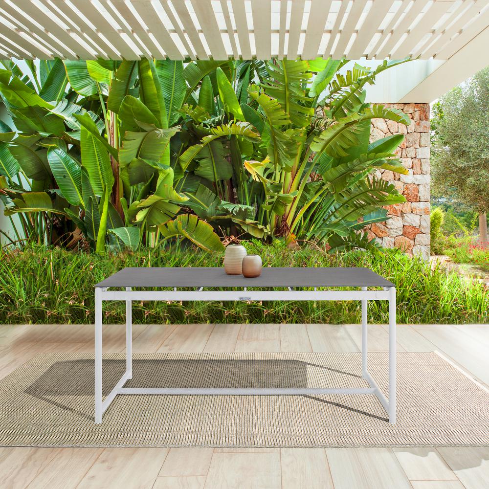 Royal White Aluminum and Teak Outdoor Dining Table with Stone Top. Picture 6
