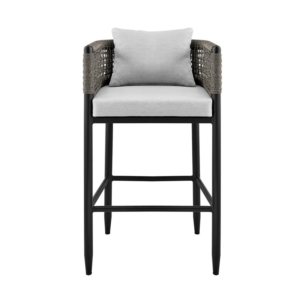 Felicia Outdoor Patio Bar Stool in Aluminum with Grey Rope and Cushions. Picture 1