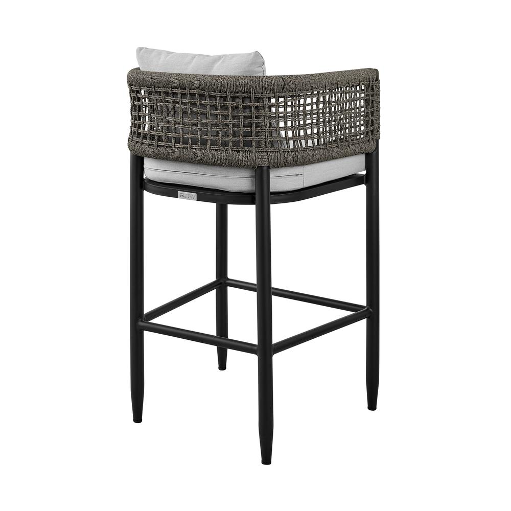 Felicia Outdoor Patio Bar Stool in Aluminum with Grey Rope and Cushions. Picture 3