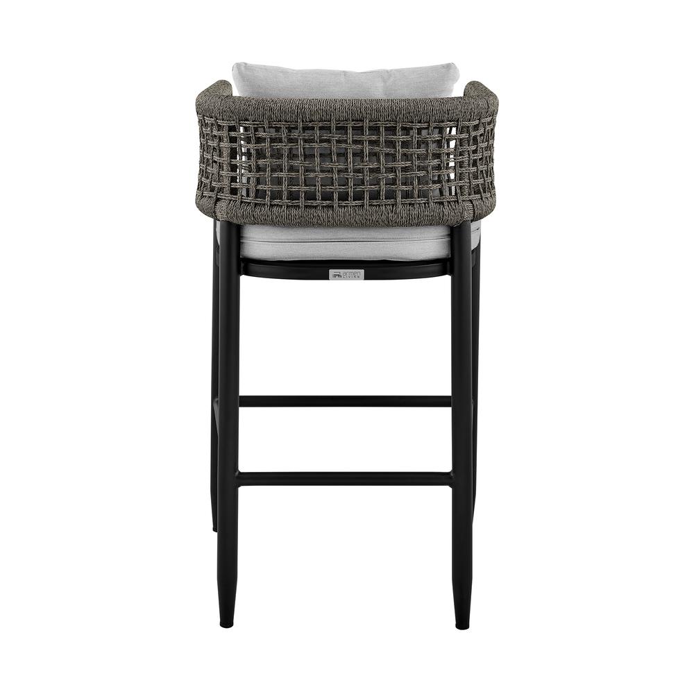 Felicia Outdoor Patio Bar Stool in Aluminum with Grey Rope and Cushions. Picture 4