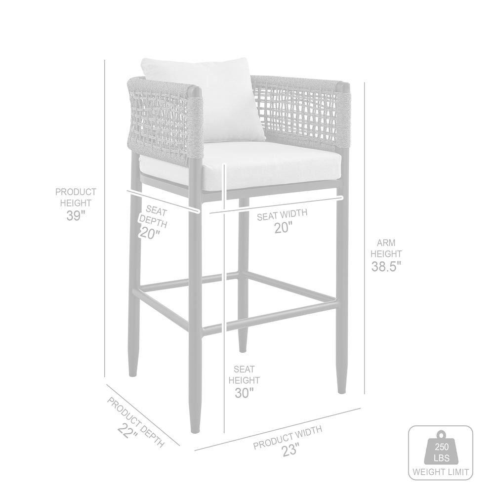 Felicia Outdoor Patio Bar Stool in Aluminum with Grey Rope and Cushions. Picture 9