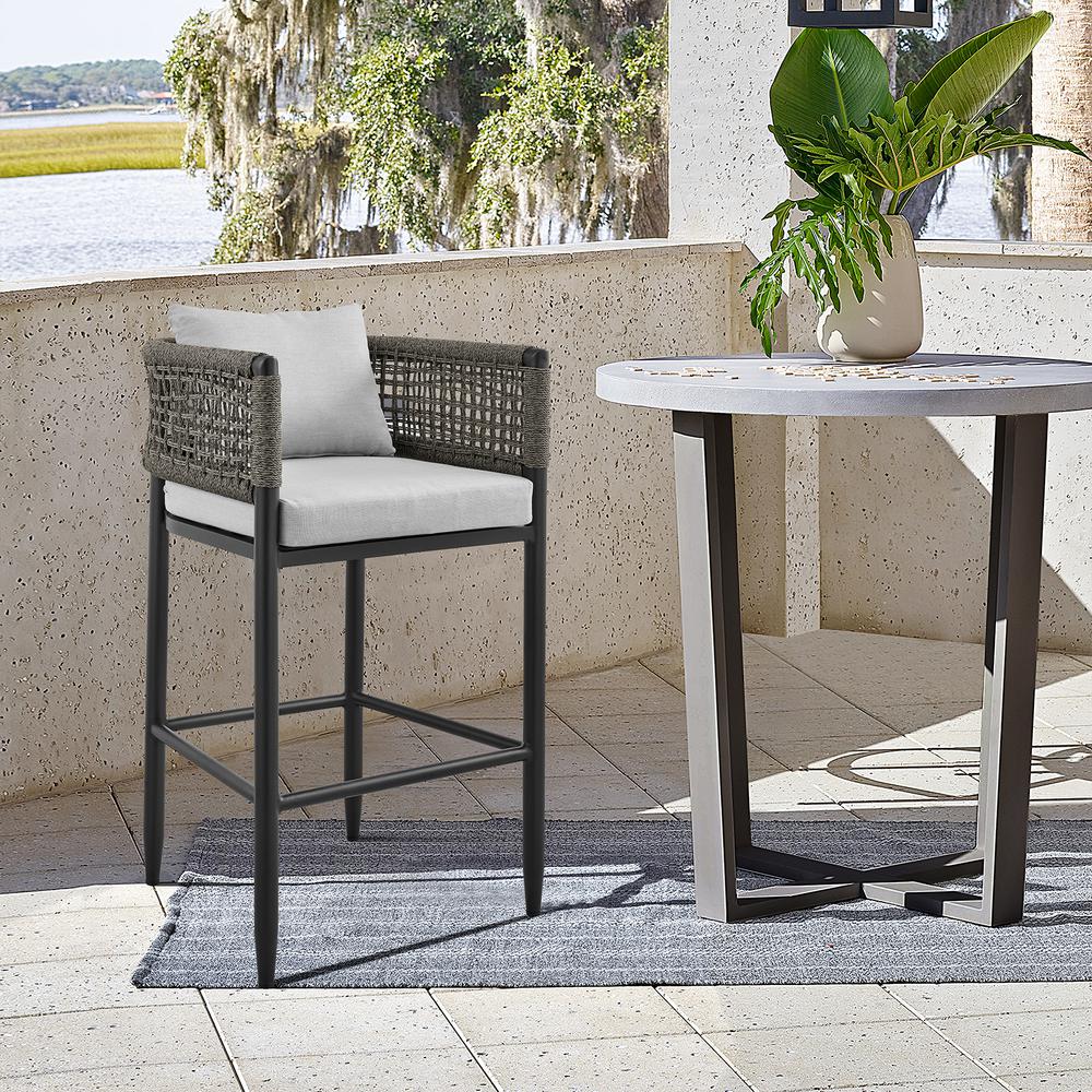 Felicia Outdoor Patio Bar Stool in Aluminum with Grey Rope and Cushions. Picture 10