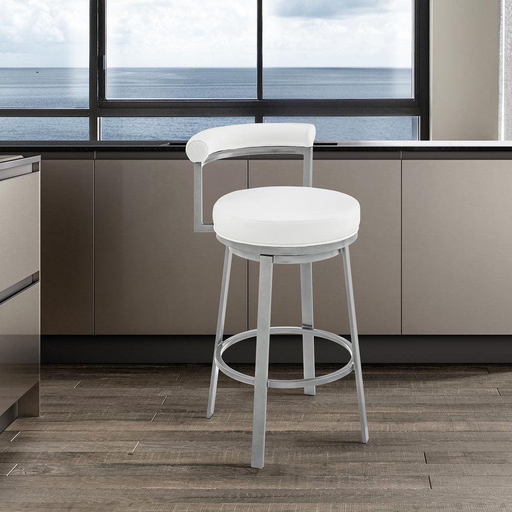 Neura Swivel Counter or Bar Stool in Cloud Finish with White Faux Leather. Picture 10