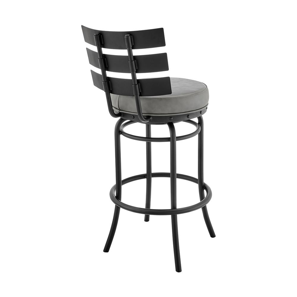 Natya Swivel Counter or Bar Stool in Black Finish with Grey Faux Leather. Picture 3