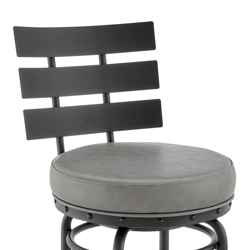 Natya Swivel Counter or Bar Stool in Black Finish with Grey Faux Leather. Picture 5