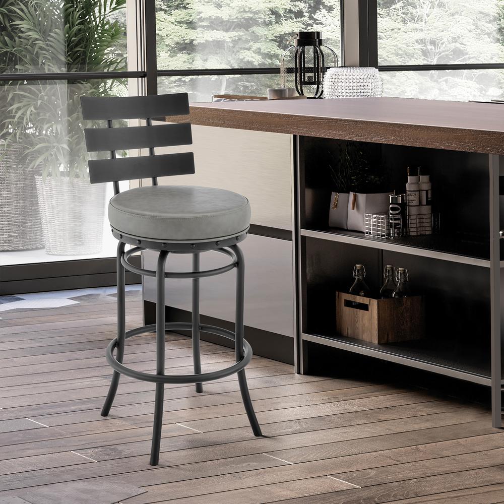 Natya Swivel Counter or Bar Stool in Black Finish with Grey Faux Leather. Picture 10