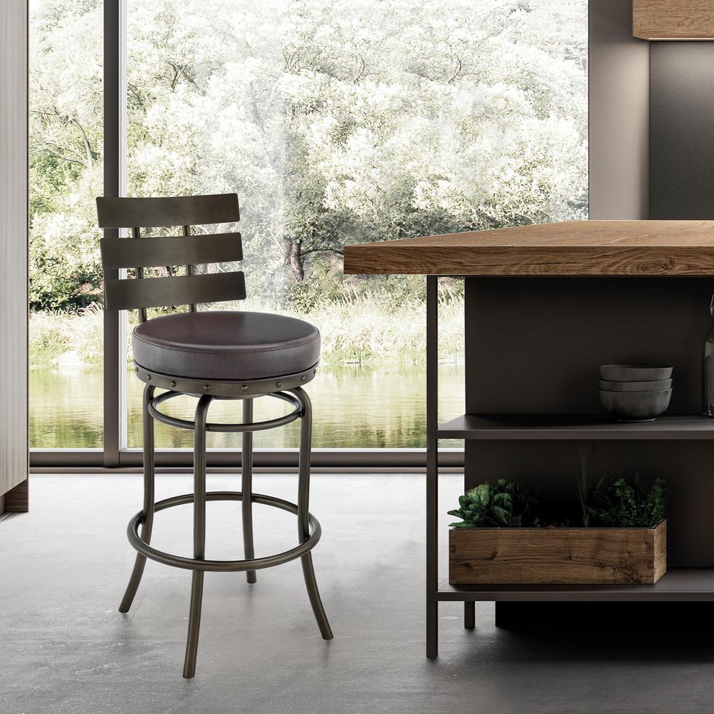 Natya Swivel Counter or Bar Stool in Mocha Finish with Brown Faux Leather. Picture 10