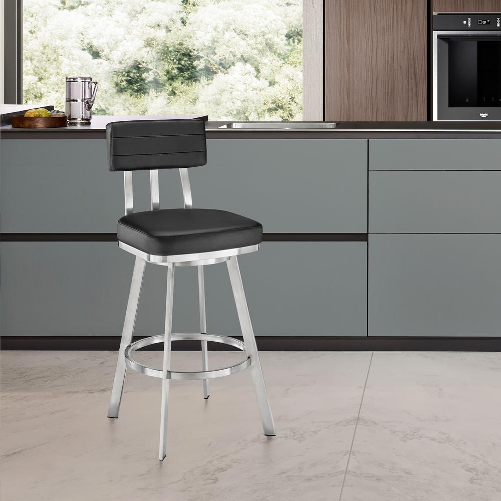 Jinab Swivel Counter Stool in Brushed Stainless Steel with Black Faux Leather. Picture 9
