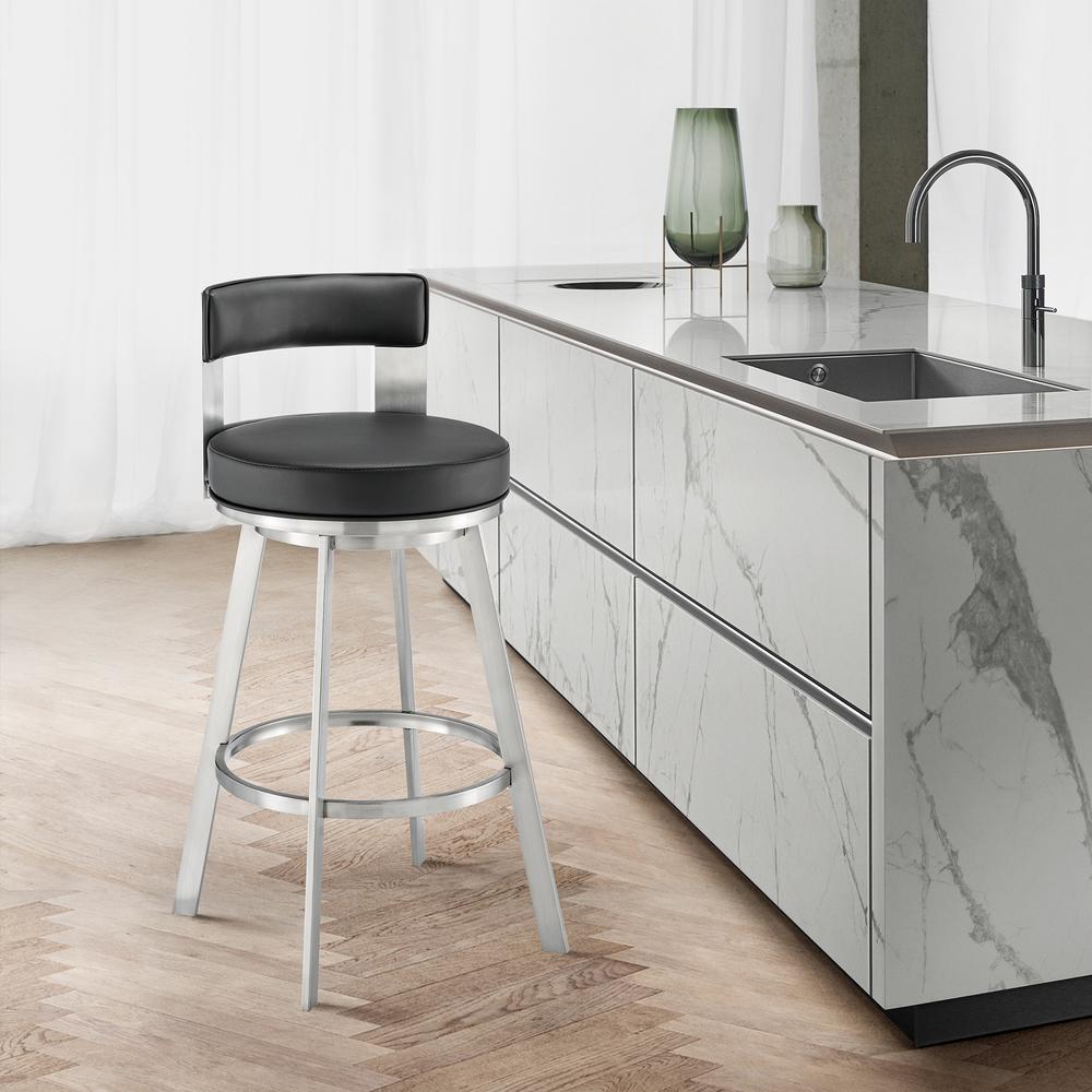 Lynof Swivel Counter Stool in Brushed Stainless Steel with Black Faux Leather. Picture 9