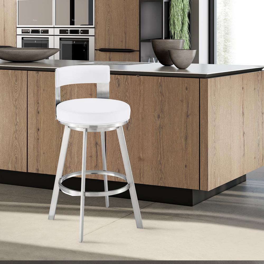 Lynof Swivel Counter Stool in Brushed Stainless Steel with White Faux Leather. Picture 9