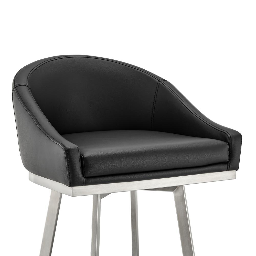 Noran Swivel Bar Stool in Brushed Stainless Steel with Black Faux Leather. Picture 5