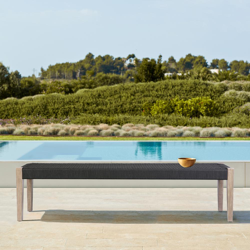 Camino Indoor Outdoor Dining Bench in Eucalyptus Wood and Charcoal Rope. Picture 8