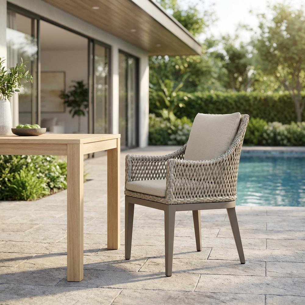 Gray Wicker And Aluminum Outdoor Dining Chairs With Beige Cushions, Set Of 2. Picture 3