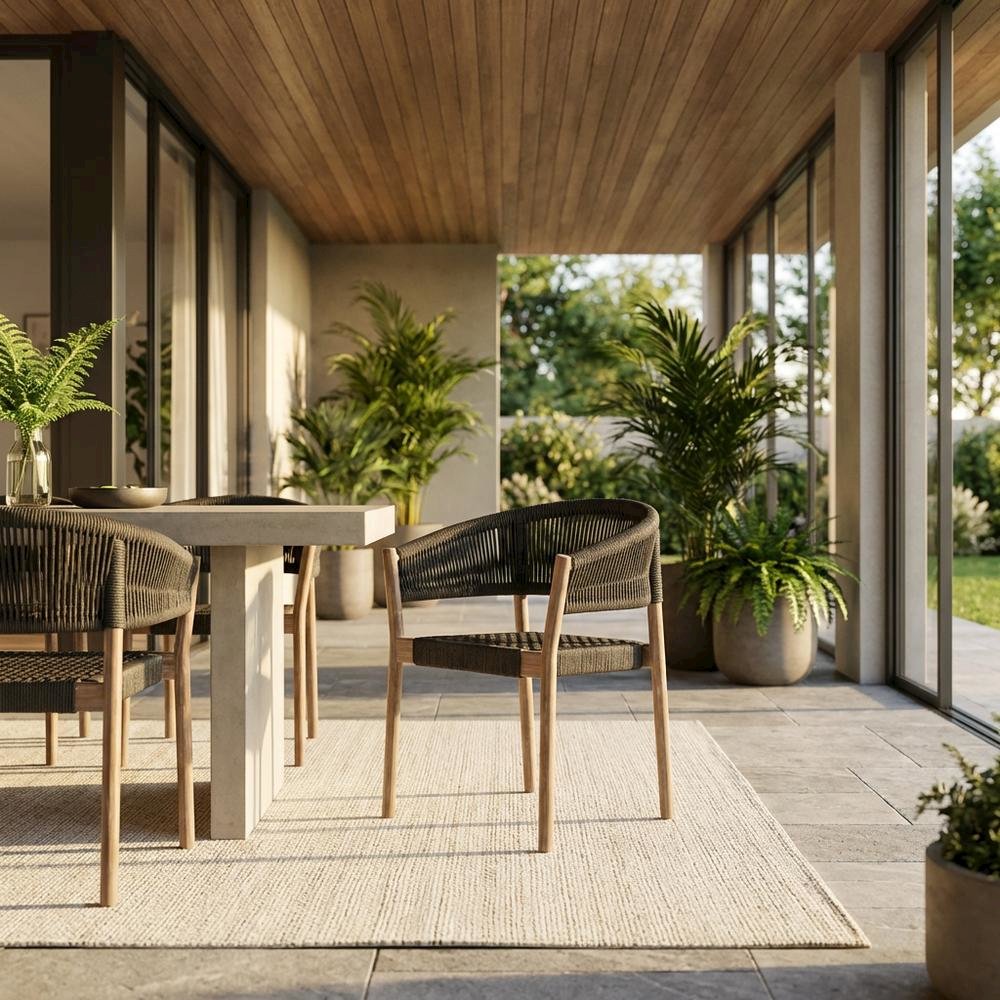 Light Eucalyptus Outdoor Dining Chair Set With Charcoal Rope And Armrests. Picture 2