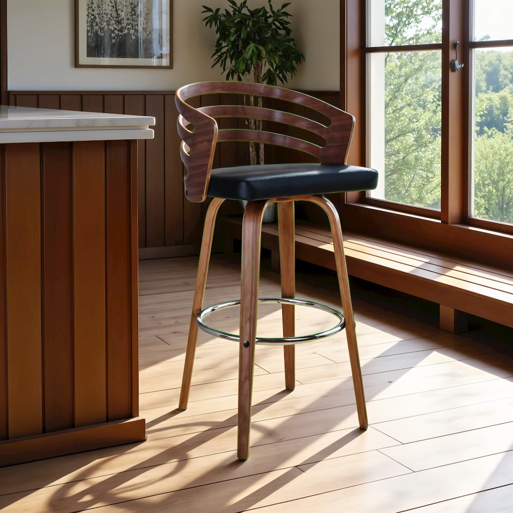 Swivel Counter Bar Stool with Brown Faux Leather and Walnut Veneer Back. Picture 6