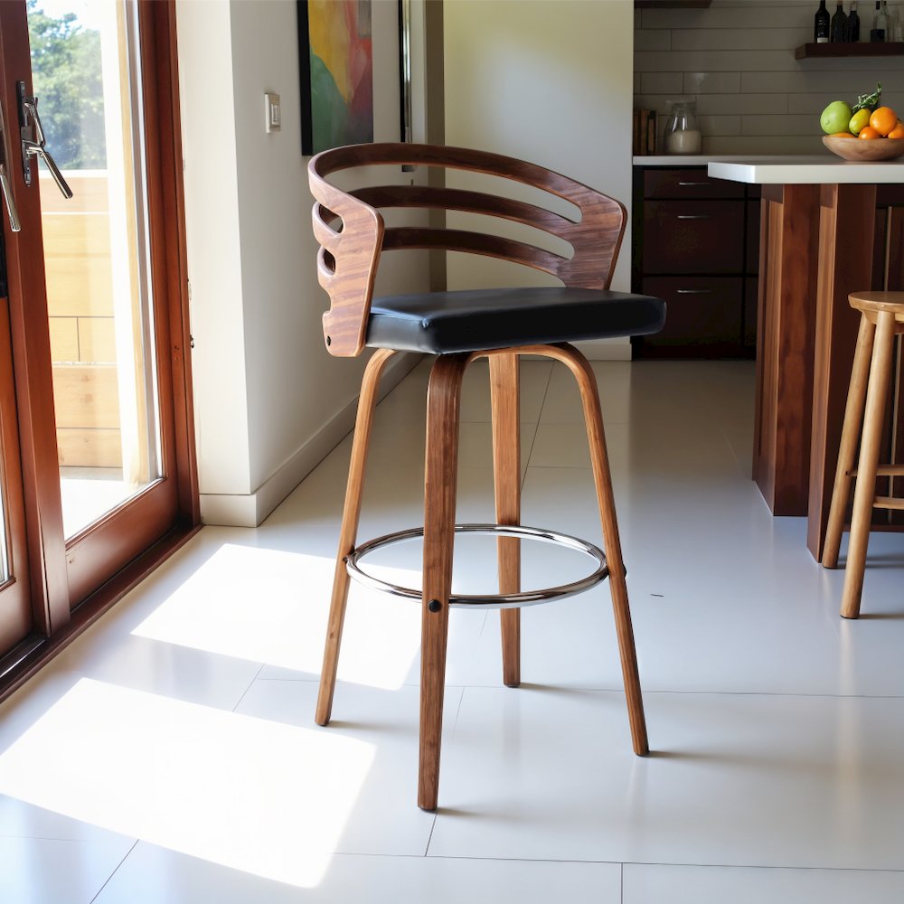 Swivel Counter Bar Stool with Brown Faux Leather and Walnut Veneer Back. Picture 7