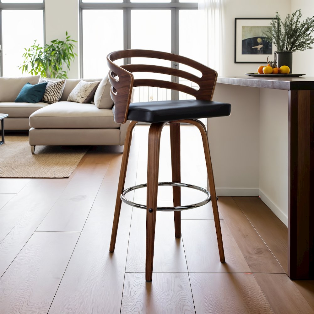 Swivel Counter Bar Stool with Brown Faux Leather and Walnut Veneer Back. Picture 8