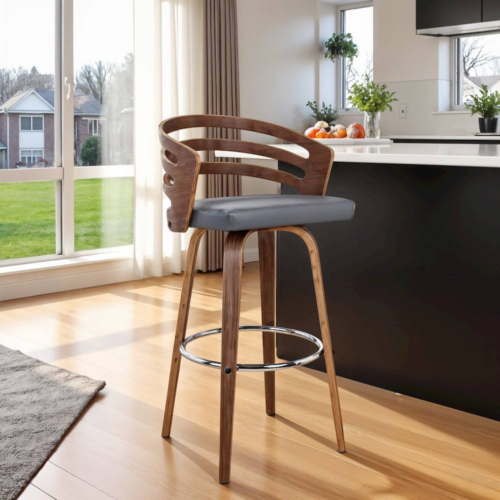 Swivel Counter Bar Stool with Grey Faux Leather and Walnut Veneer Back. Picture 7