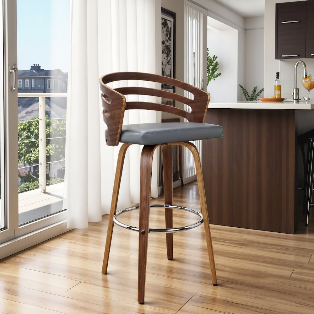 Swivel Counter Bar Stool with Grey Faux Leather and Walnut Veneer Back. Picture 8