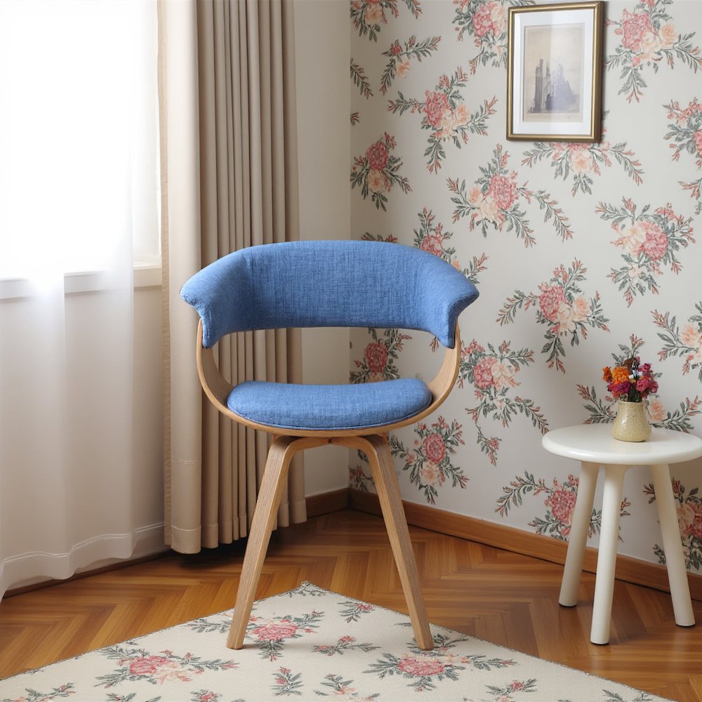 Mid-Century Modern Dining Chair in Blue Fabric with Walnut Wood Frame. Picture 6