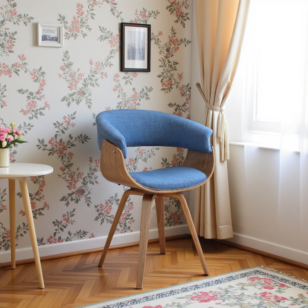 Mid-Century Modern Dining Chair in Blue Fabric with Walnut Wood Frame. Picture 8