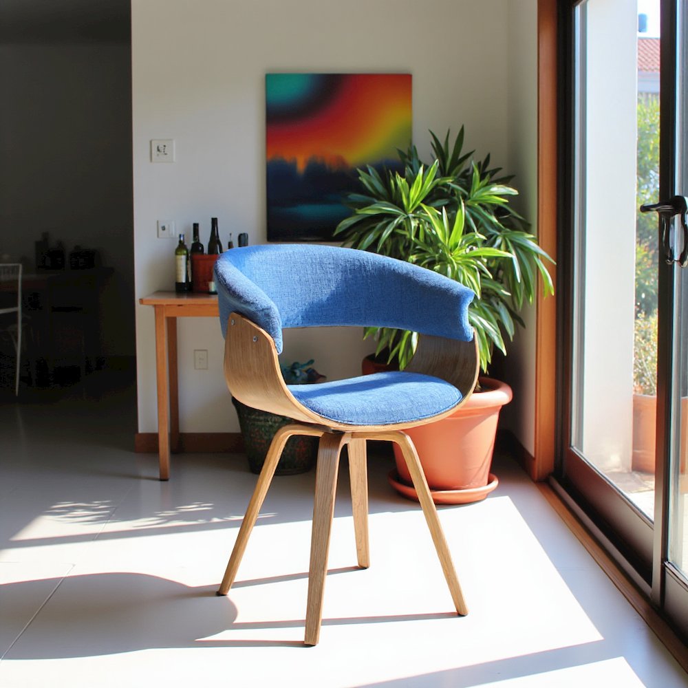 Mid-Century Modern Dining Chair in Blue Fabric with Walnut Wood Frame. Picture 7