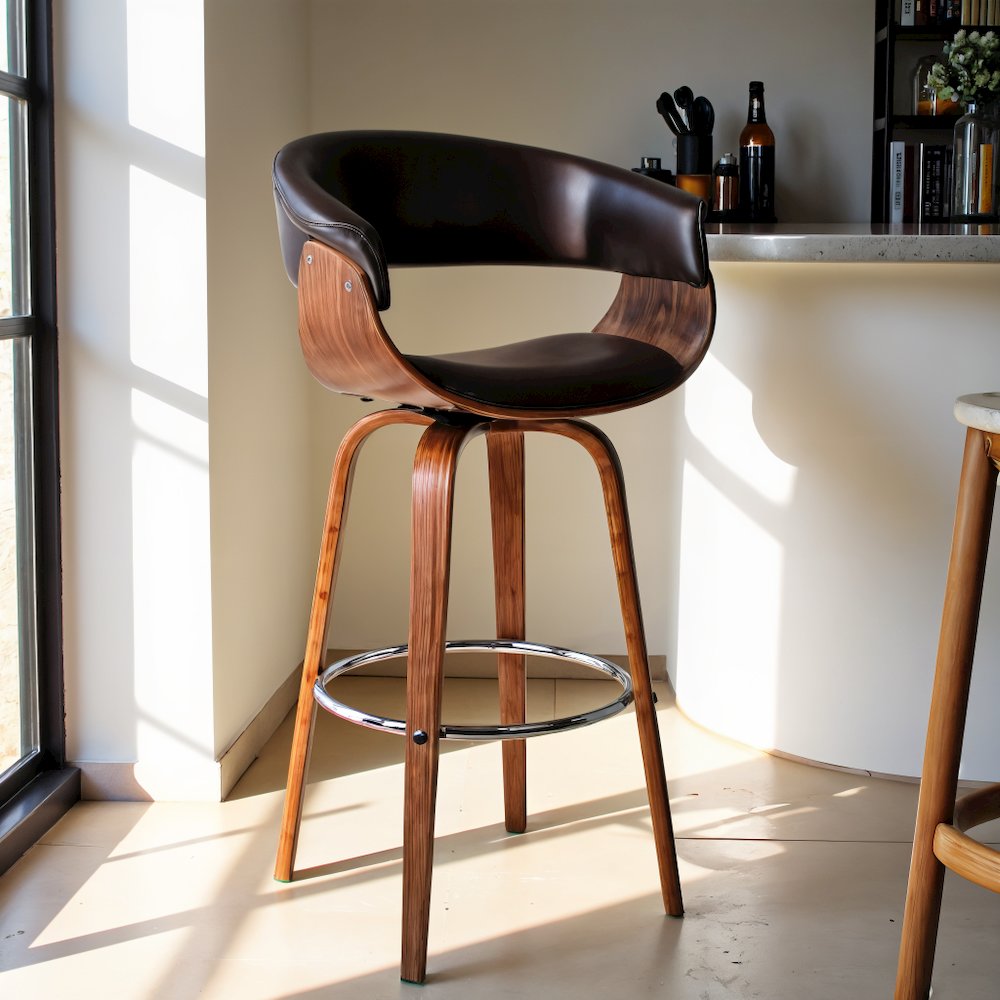 Mid-Century Swivel Bar Stool with Adjustable Height and Walnut Finish. Picture 8