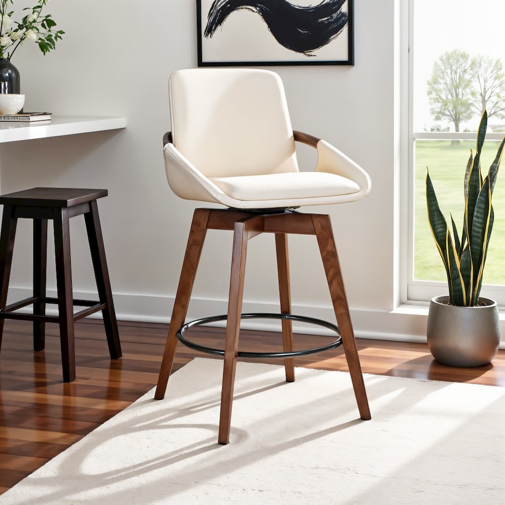 Swivel Counter Stool with Walnut Wood Frame and Faux Leather Seat. Picture 4