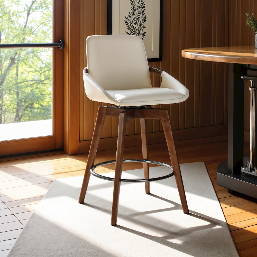 Swivel Counter Stool with Walnut Wood Frame and Faux Leather Seat. Picture 5