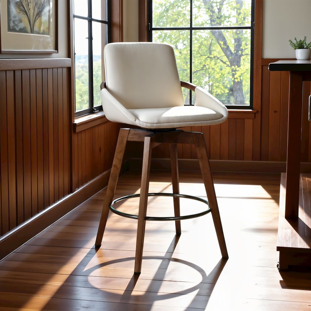 Swivel Counter Stool with Walnut Wood Frame and Faux Leather Seat. Picture 6