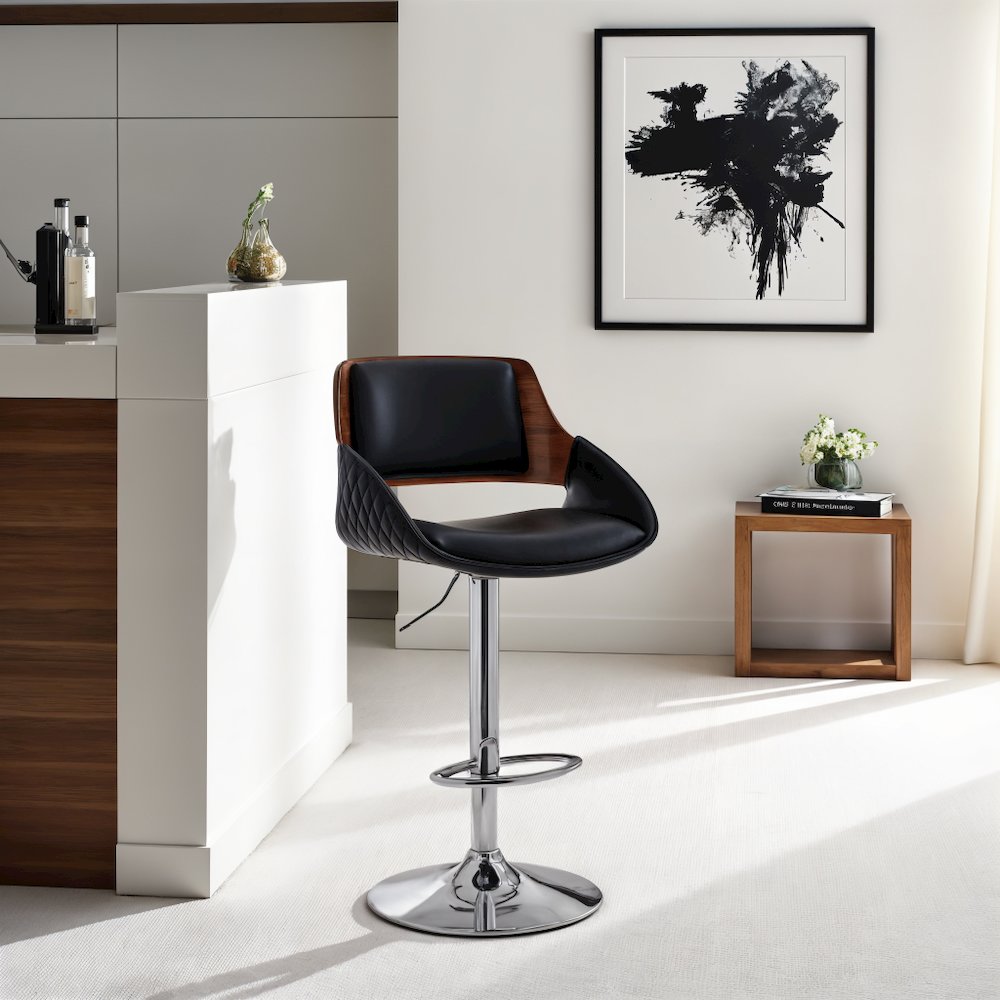 Adjustable Swivel Bar Stool with Black Faux Leather and Chrome Base. Picture 4